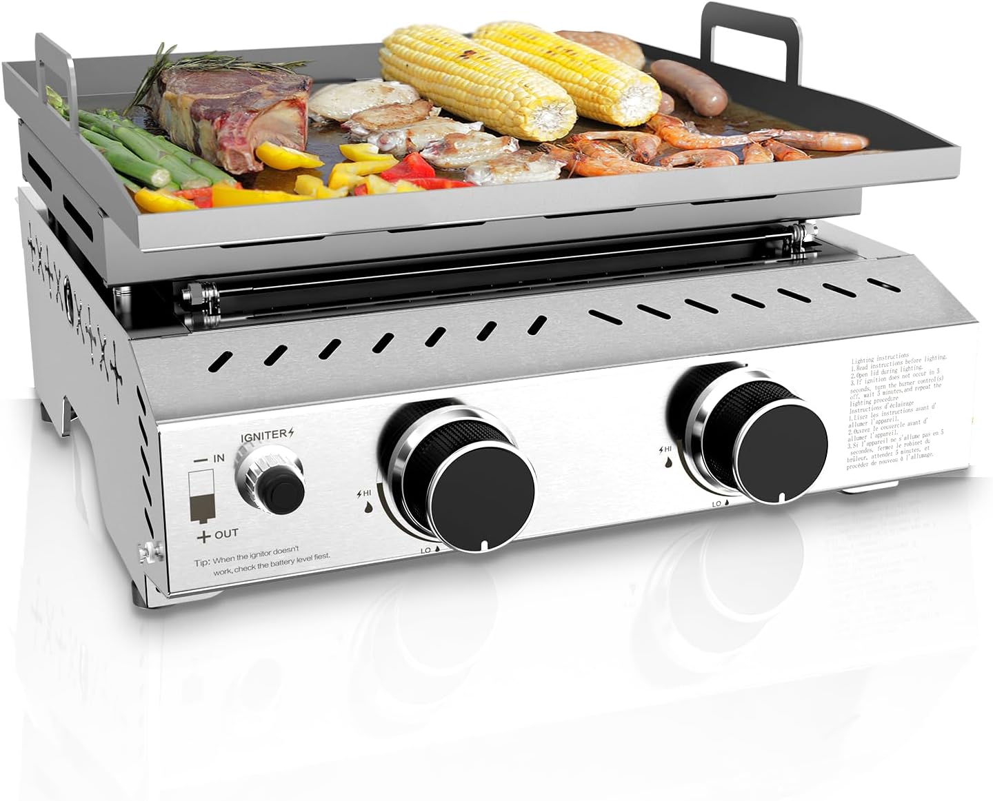 3 Burners Portable Propane Griddle,25 inch Stainless Steel Gas Grill,24,000 BTU Table Top Grill TG0130C