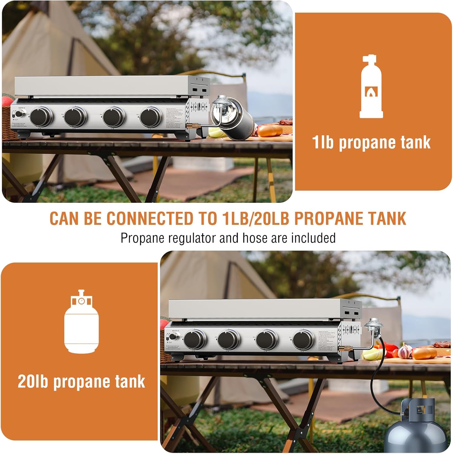 3 Burners Portable Propane Griddle,25 inch Stainless Steel Gas Grill,24,000 BTU Table Top Grill TG0130C