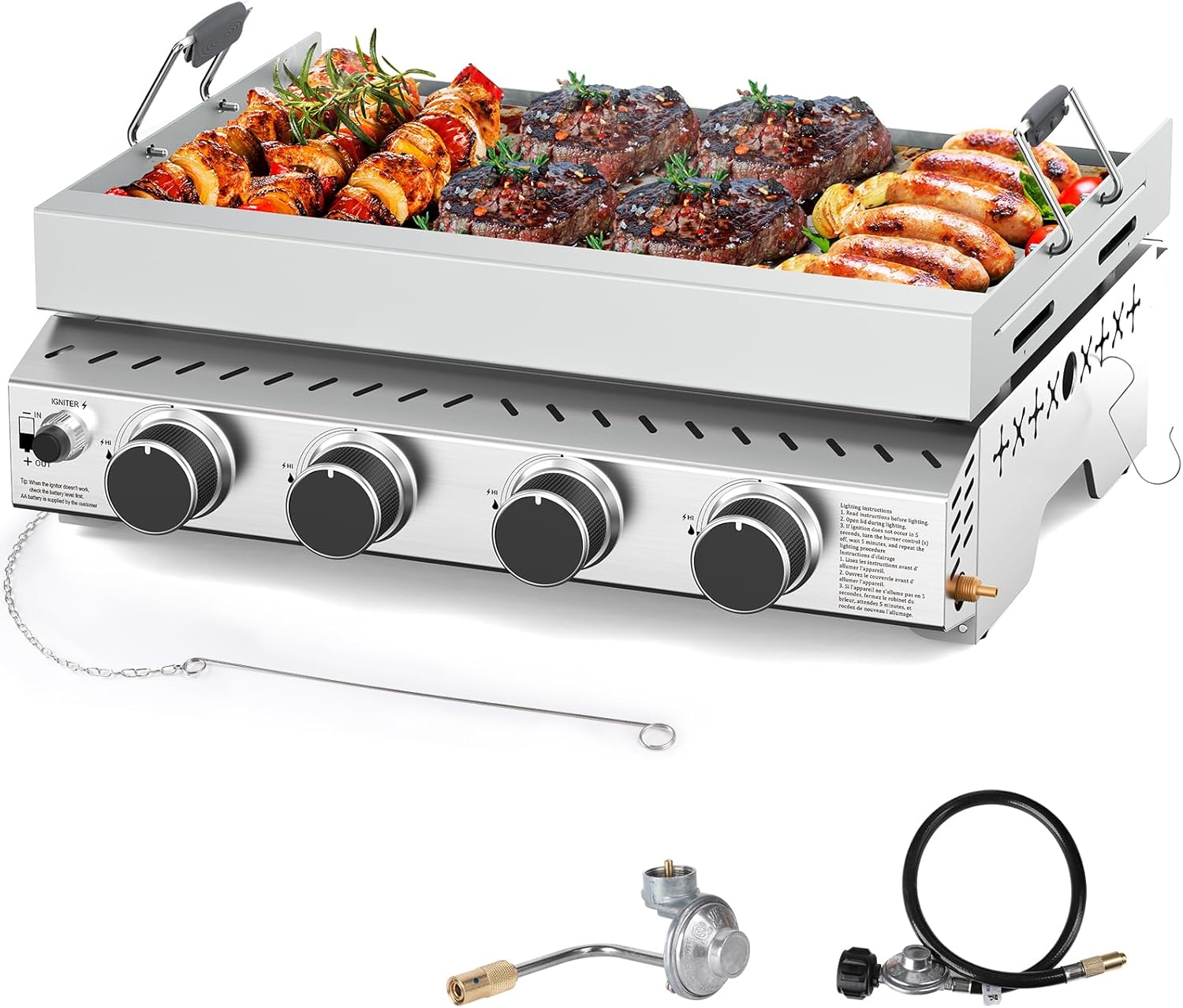 3 Burners Portable Propane Griddle,25 inch Stainless Steel Gas Grill,24,000 BTU Table Top Grill TG0130C
