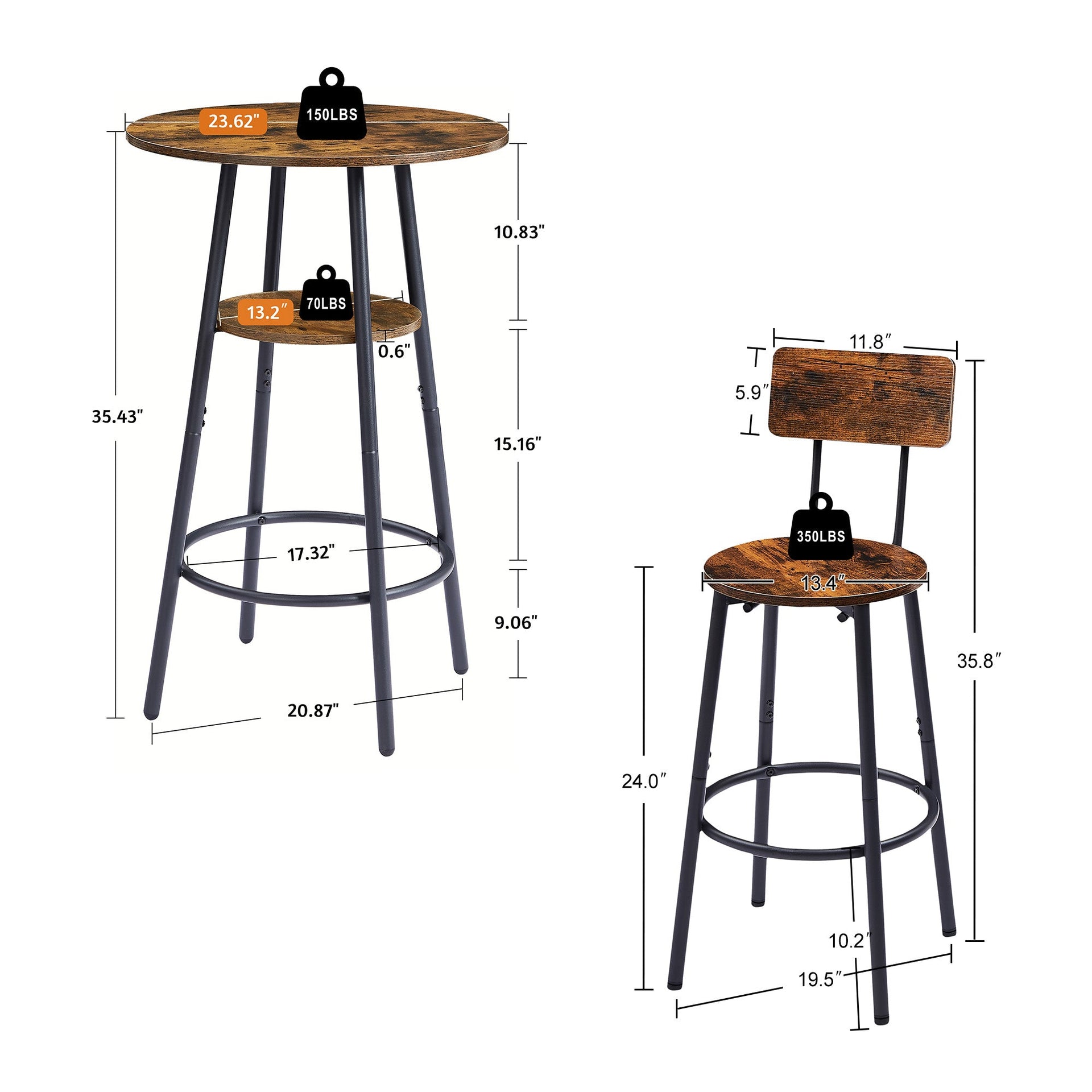 Round bar stool set with shelves stool with backrest Rustic Brown 23.6'' Dia x 35.4'' H