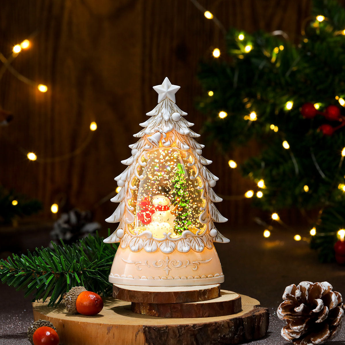 Christmas gifts, painted Christmas trees, glowing candles, oil lamps, children's small gifts, wind lamps, bar table decorations, ornaments