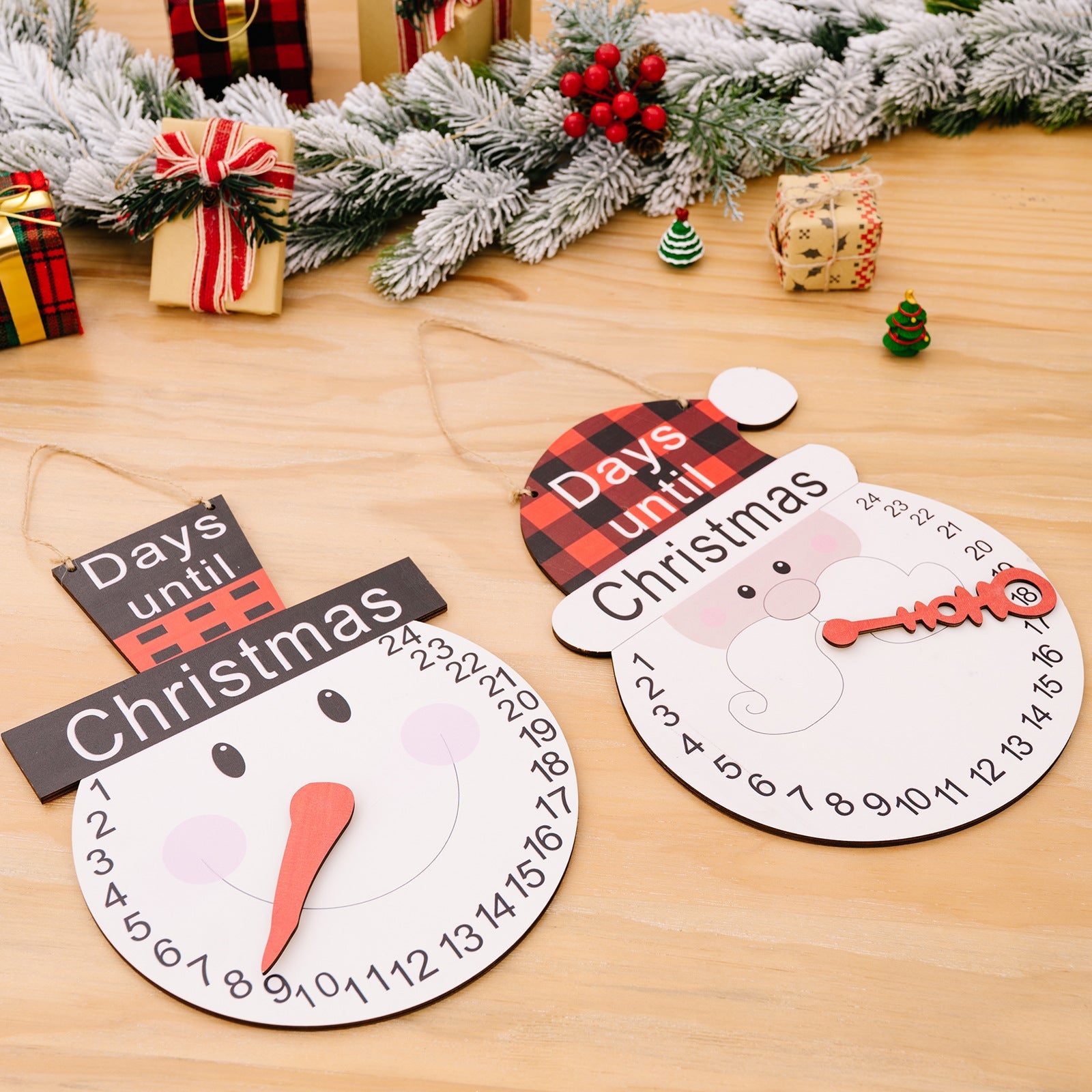 Christmas decorations Christmas plaid hat old man hat snowman pointer wooden calendar