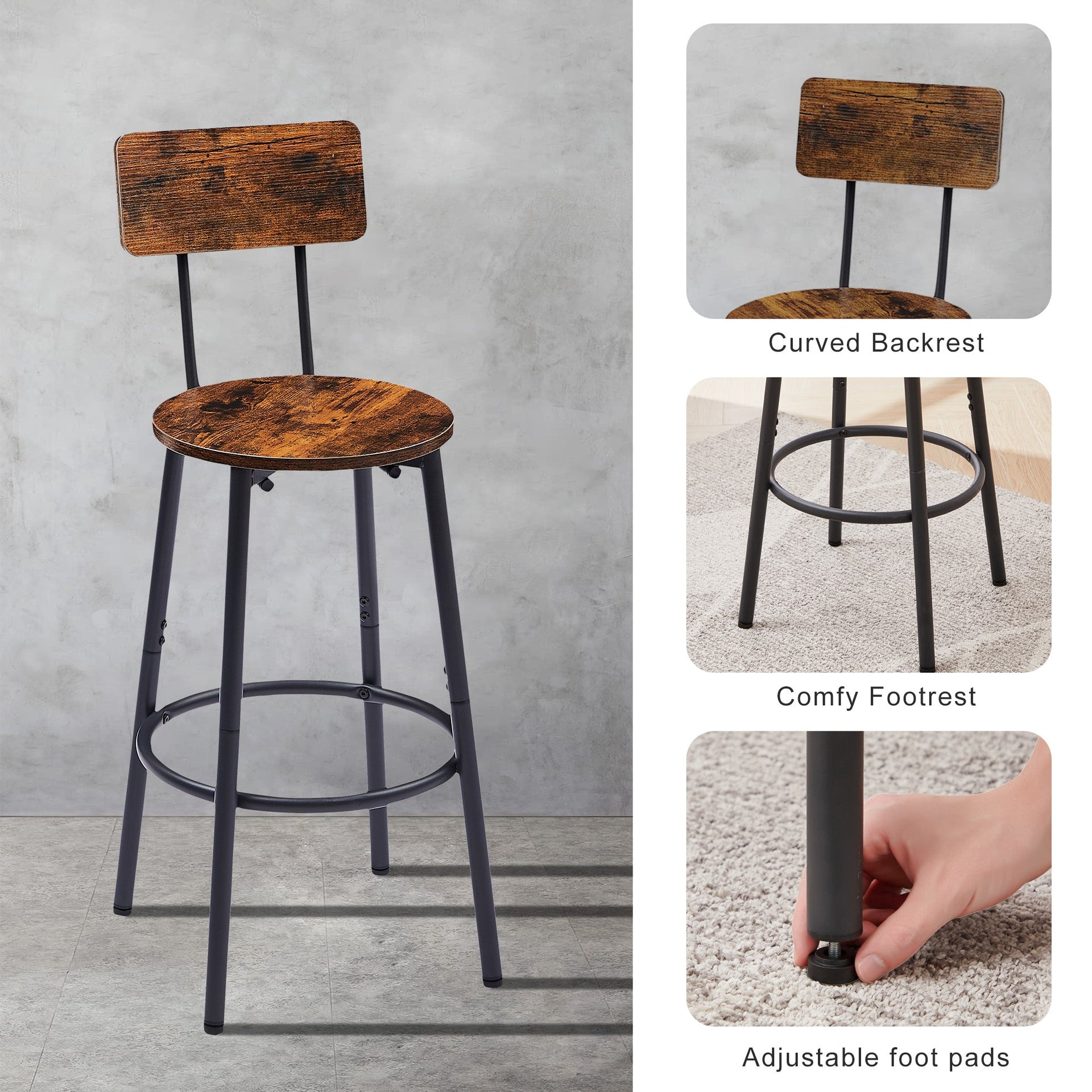 Round bar stool set with shelves stool with backrest Rustic Brown 23.6'' Dia x 35.4'' H