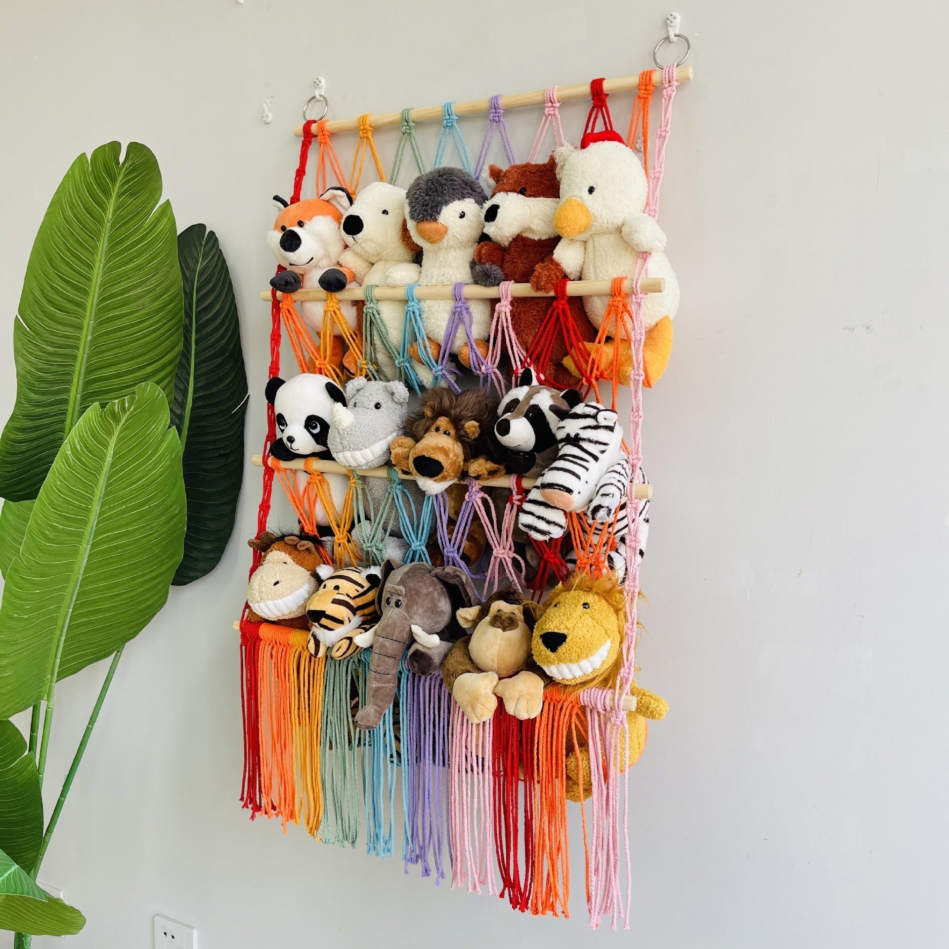 Simple decoration of shelves for children's rooms book ornaments wooden sticks 3-layer plush Bohemian toy storage net bag