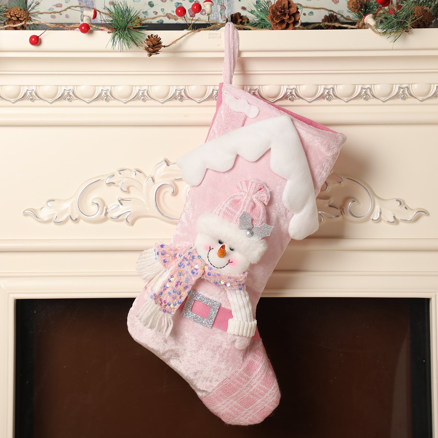 Christmas decoration, pink sequins, children's cartoon roof, Santa Claus, Christmas socks, gifts, decorative items