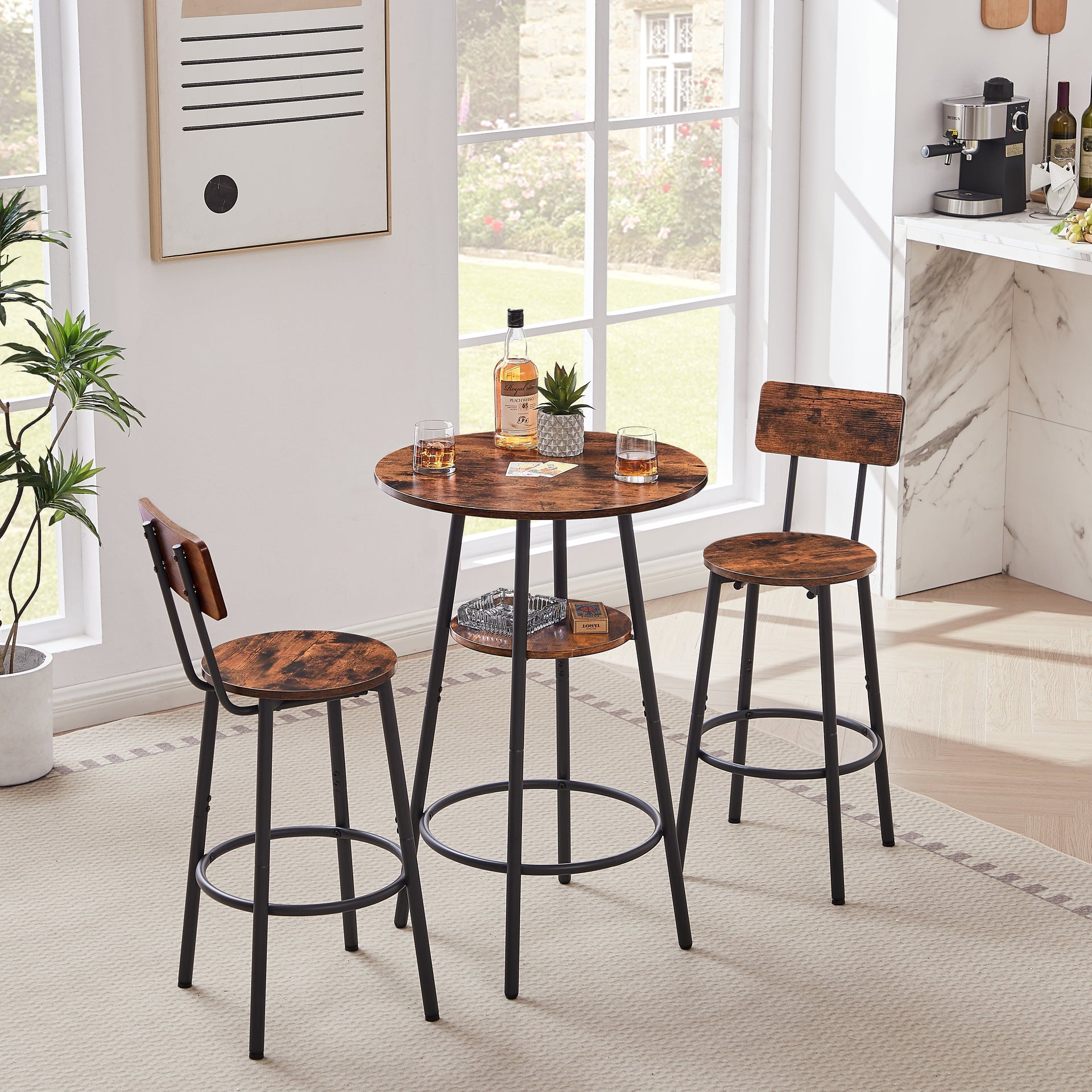 Round bar stool set with shelves stool with backrest Rustic Brown 23.6'' Dia x 35.4'' H