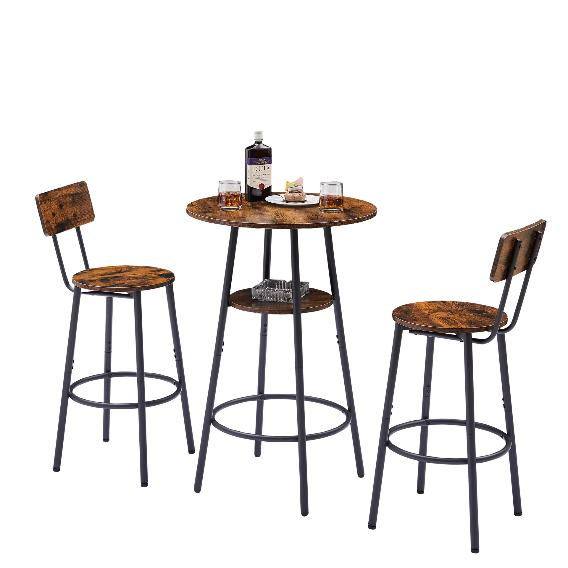Round bar stool set with shelves stool with backrest Rustic Brown 23.6'' Dia x 35.4'' H