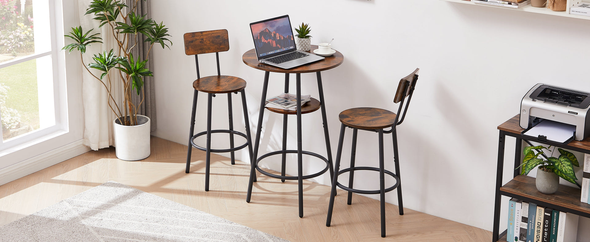 Round bar stool set with shelves stool with backrest Rustic Brown 23.6'' Dia x 35.4'' H