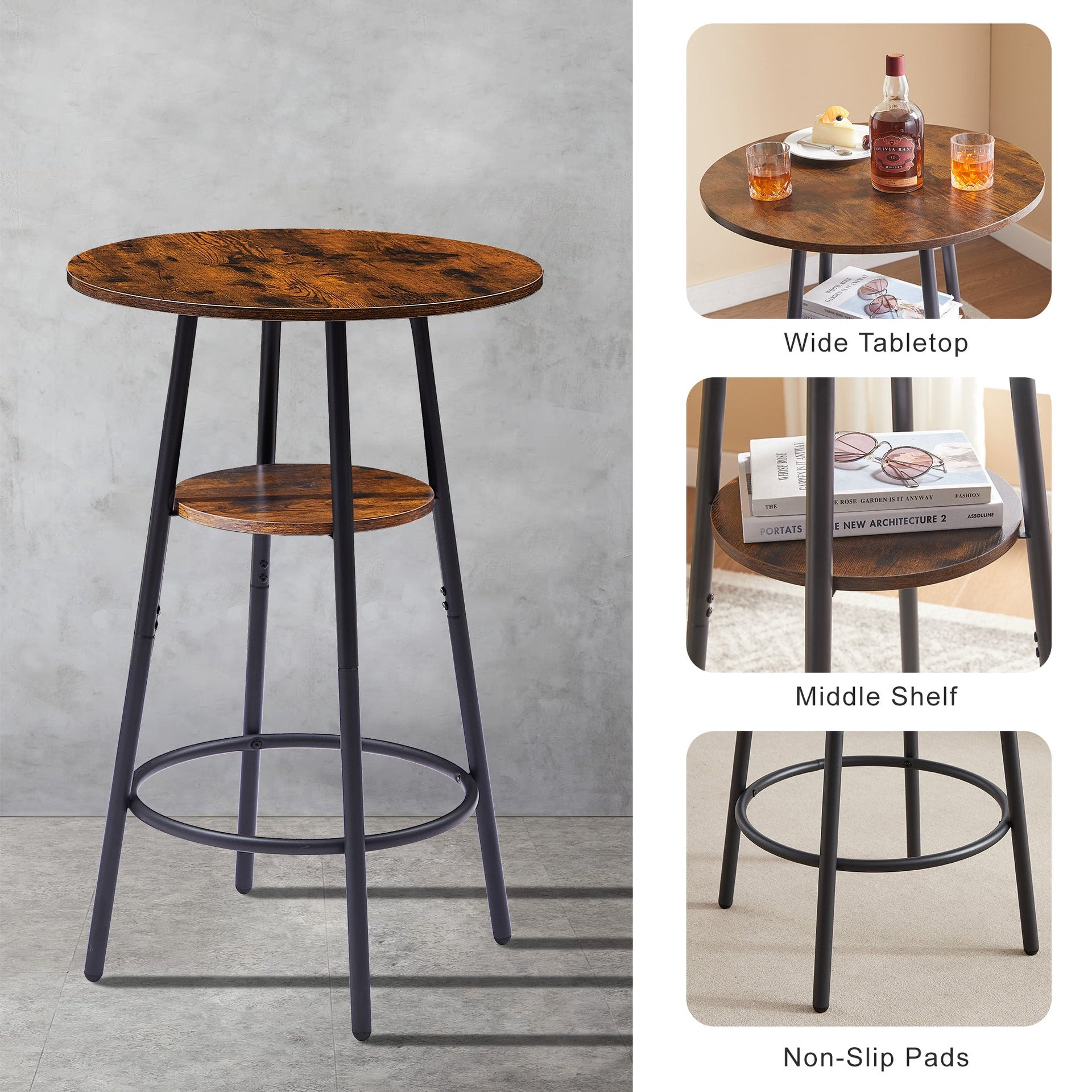 Round bar stool set with shelves stool with backrest Rustic Brown 23.6'' Dia x 35.4'' H