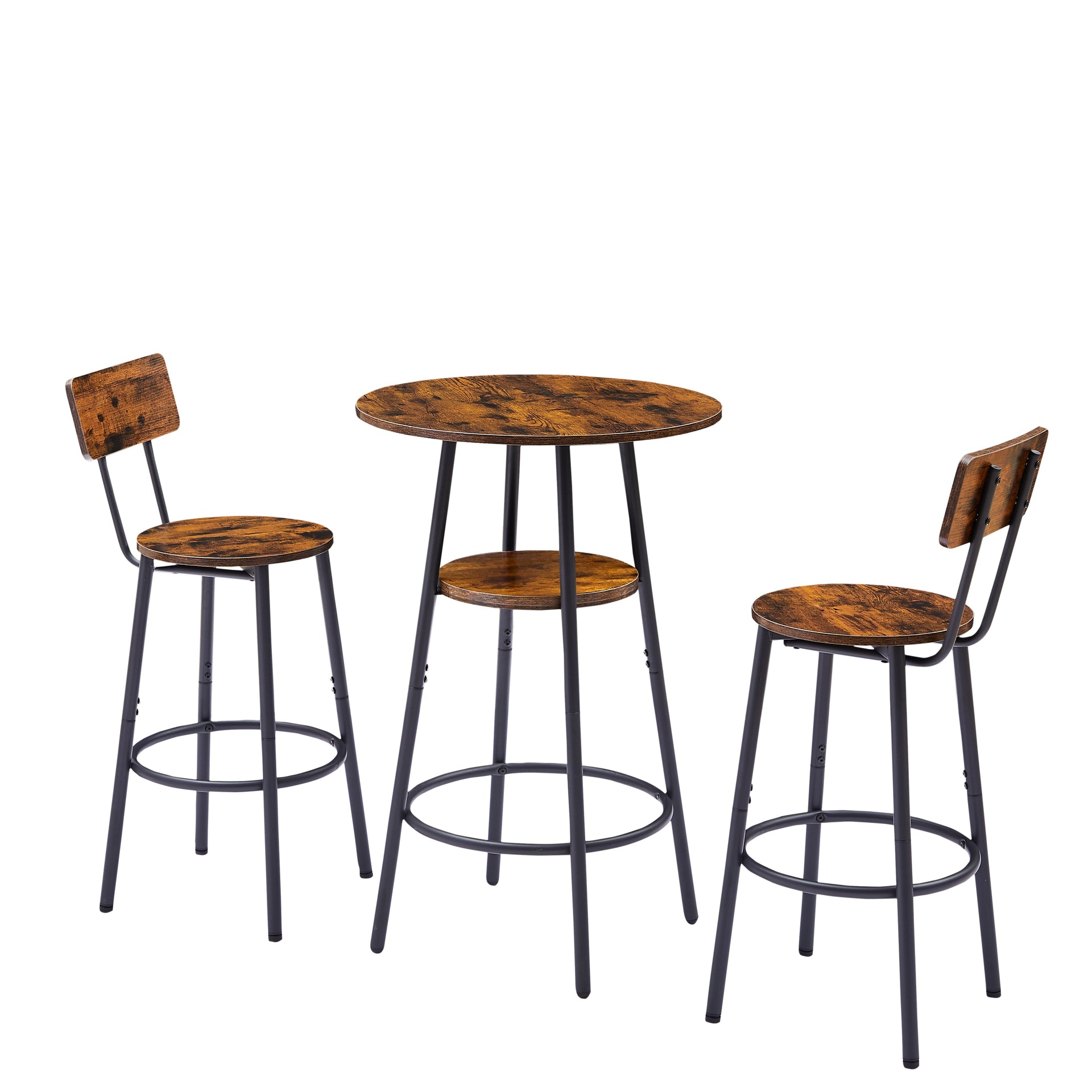 Round bar stool set with shelves stool with backrest Rustic Brown 23.6'' Dia x 35.4'' H