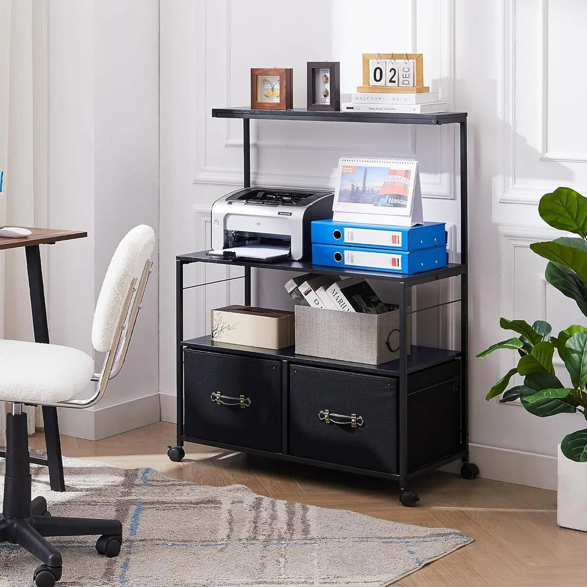 Industrial Modern Black Metal Wood Printer Stand File Cabinet w/ Fabric Drawers