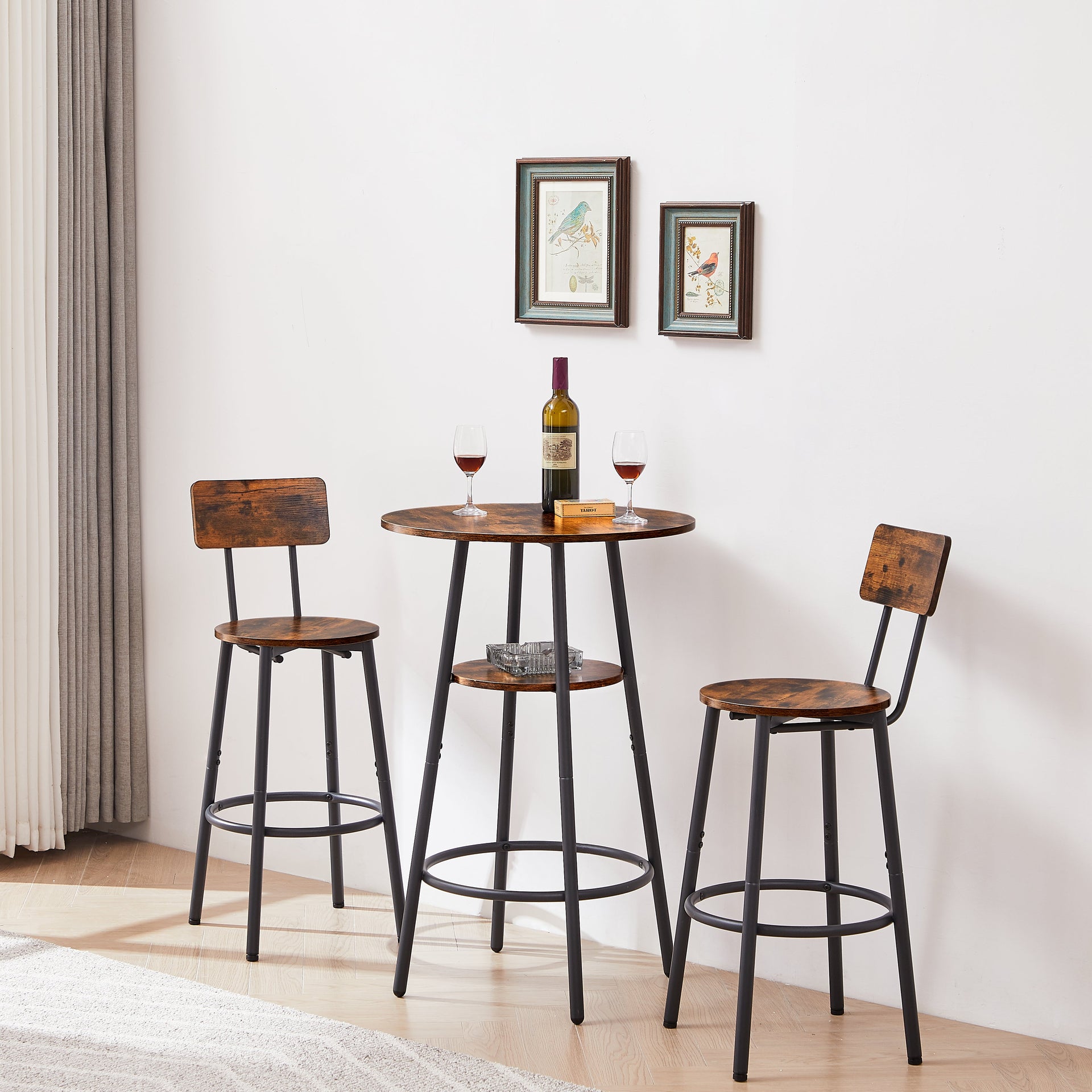 Round bar stool set with shelves stool with backrest Rustic Brown 23.6'' Dia x 35.4'' H
