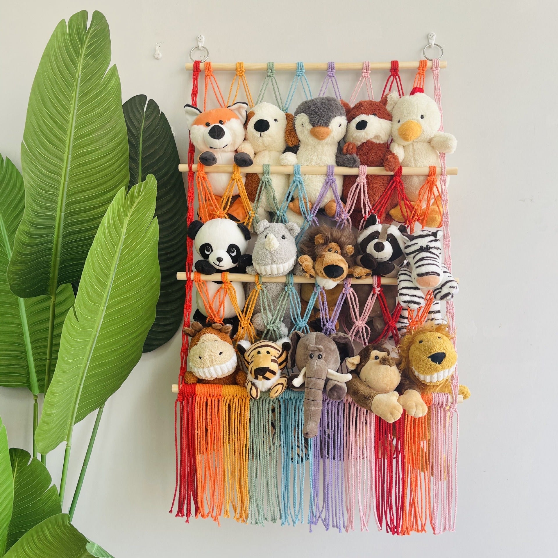 Simple decoration of shelves for children's rooms book ornaments wooden sticks 3-layer plush Bohemian toy storage net bag