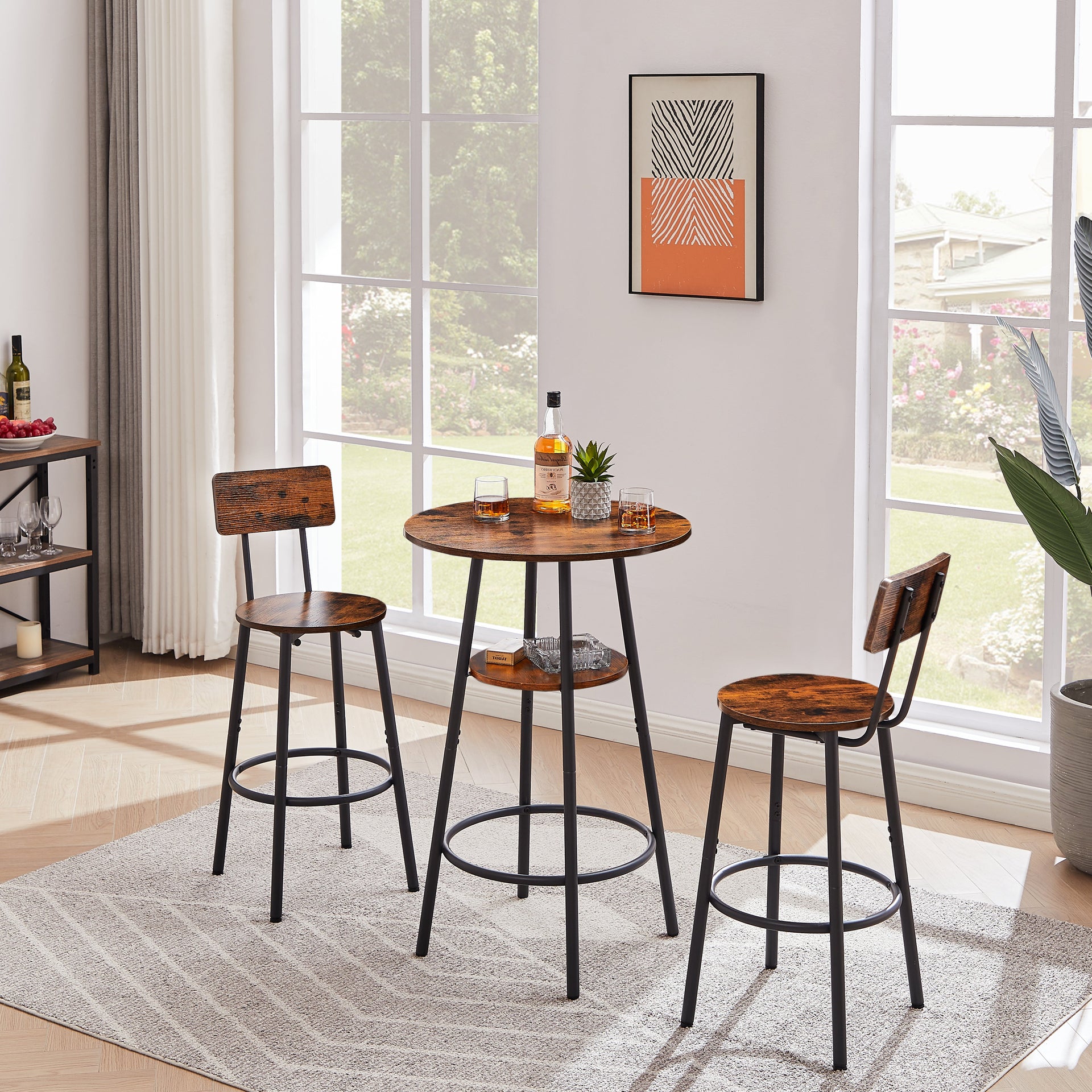 Round bar stool set with shelves stool with backrest Rustic Brown 23.6'' Dia x 35.4'' H