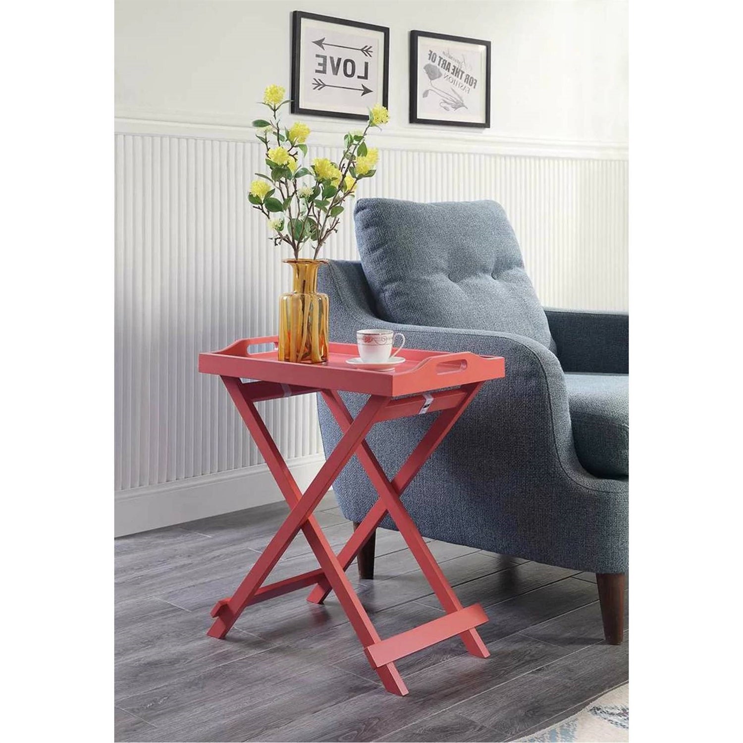 Folding TV Tray Bedside Table in Coral Red Pink Orange Wood Finish