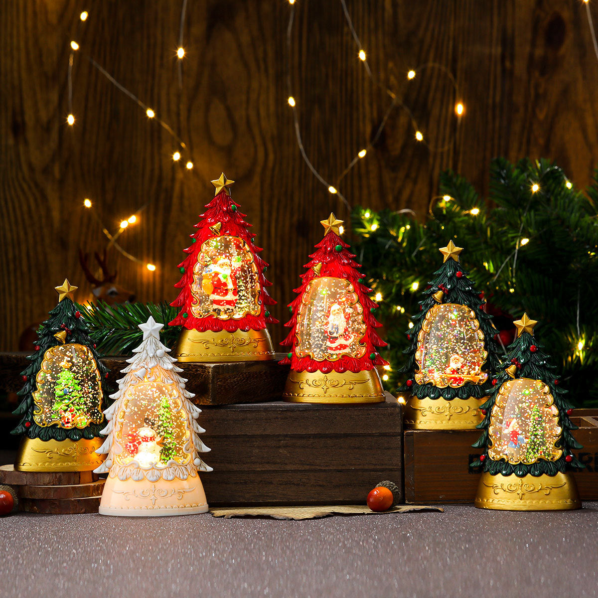 Christmas gifts, painted Christmas trees, glowing candles, oil lamps, children's small gifts, wind lamps, bar table decorations, ornaments