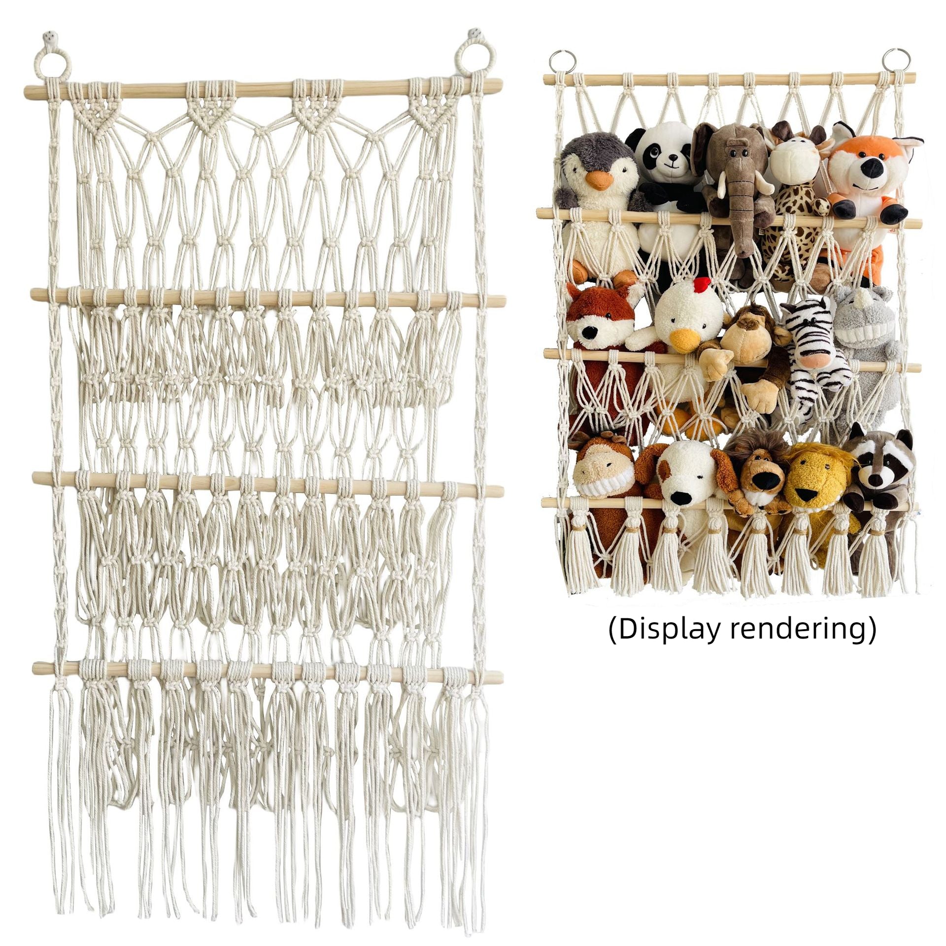 Simple decoration of shelves for children's rooms book ornaments wooden sticks 3-layer plush Bohemian toy storage net bag
