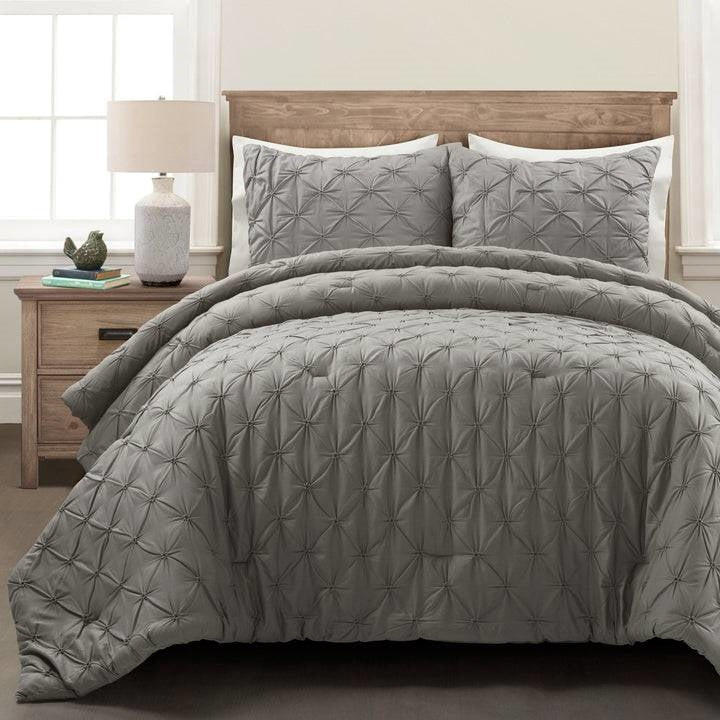 Full/Queen size Soft Pleated Grey Cotton 3 Piece Comforter Set