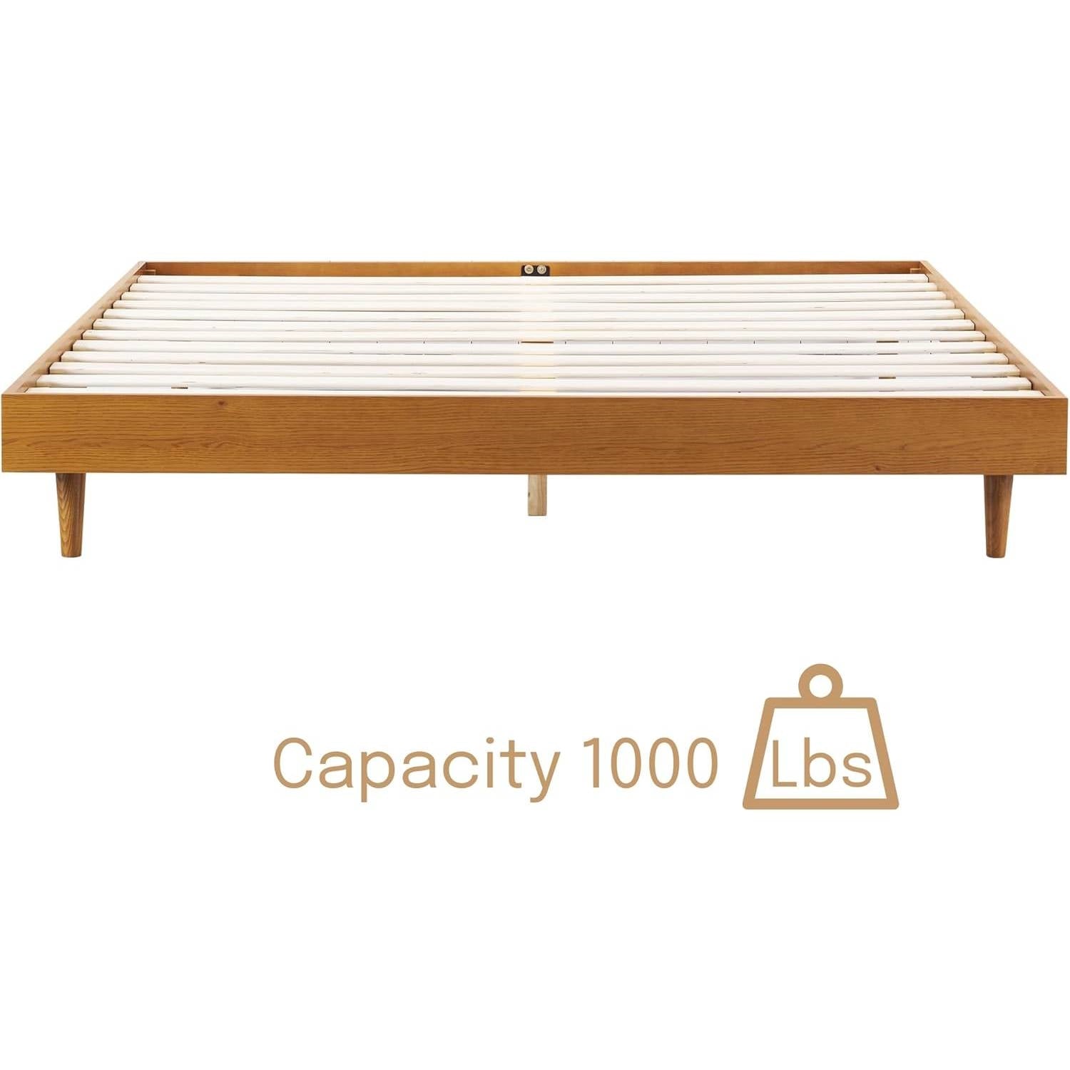 King size Mid-Century Modern Platform Bed Frame in Light Wood Finish