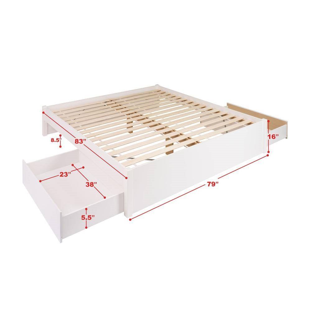 King Size 2 Drawer Storage White Wooden 4 Post Platform Bed Frame