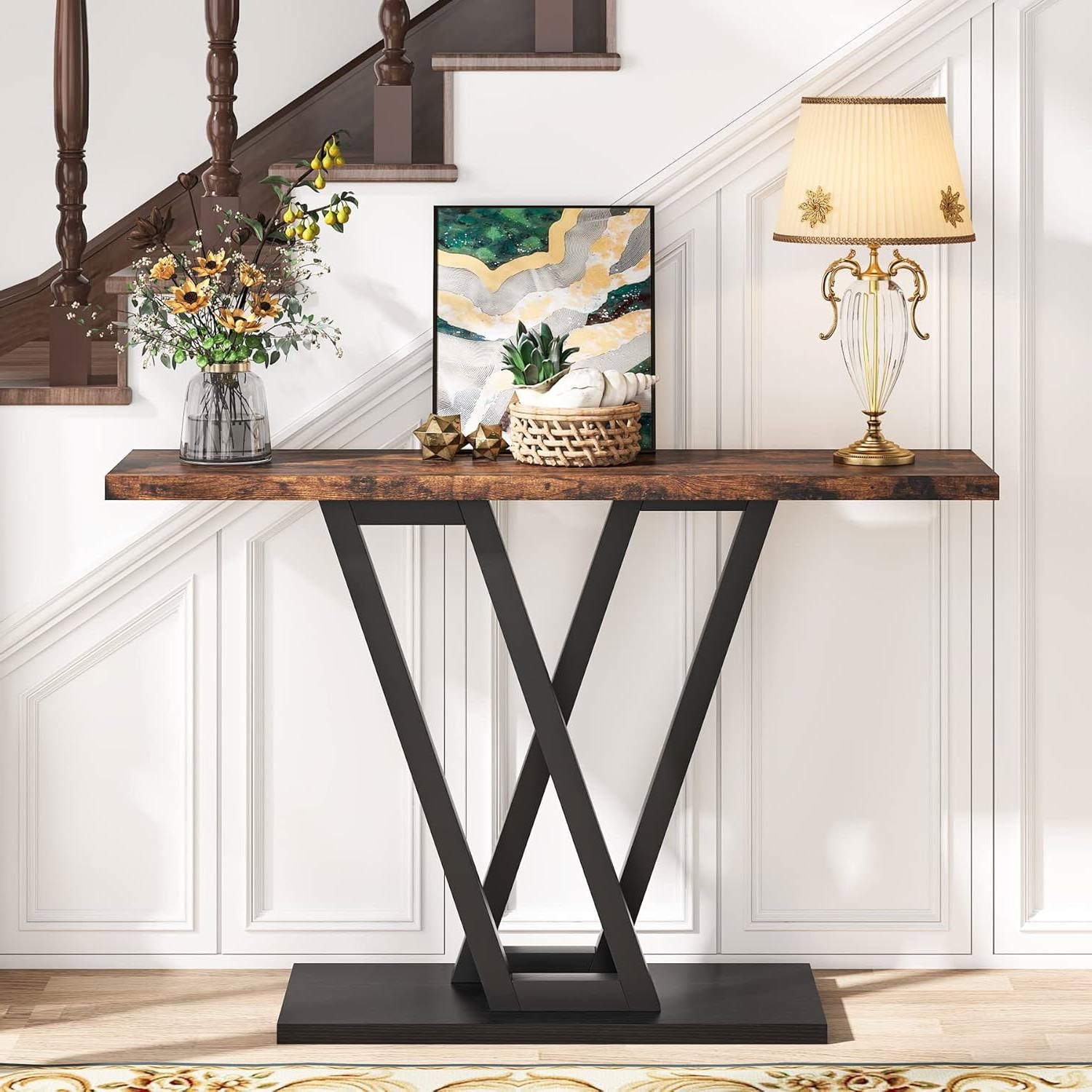 Modern 43-inch Narrow Entryway Table with Brown Wood Top and Black Metal Frame