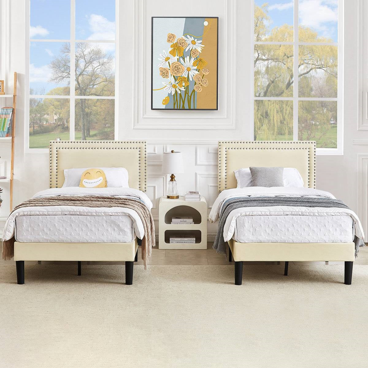 Twin Size - Set of 2 - Dorm Style Beige Tufted Upholstered Platform Beds