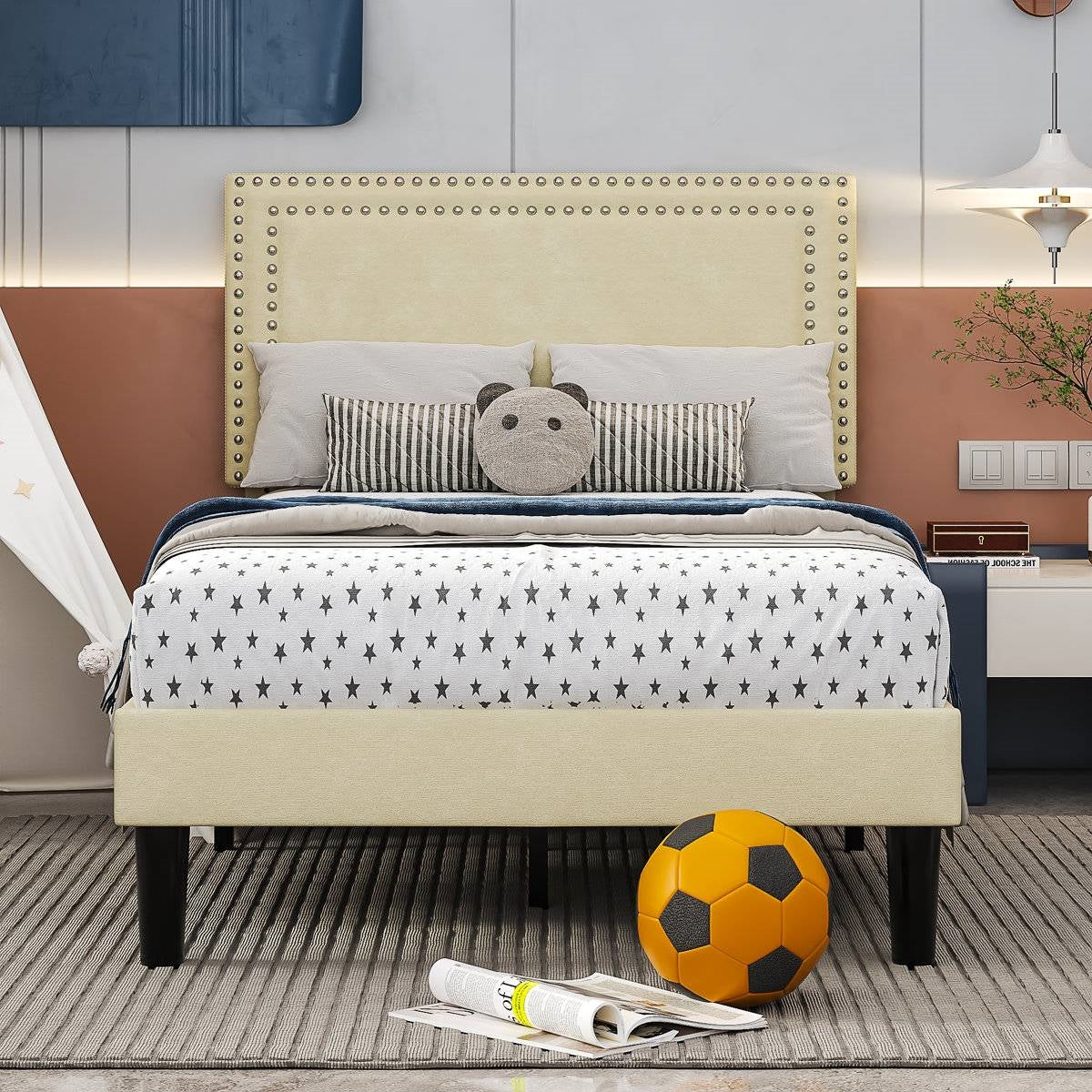 Twin Size - Set of 2 - Dorm Style Beige Tufted Upholstered Platform Beds