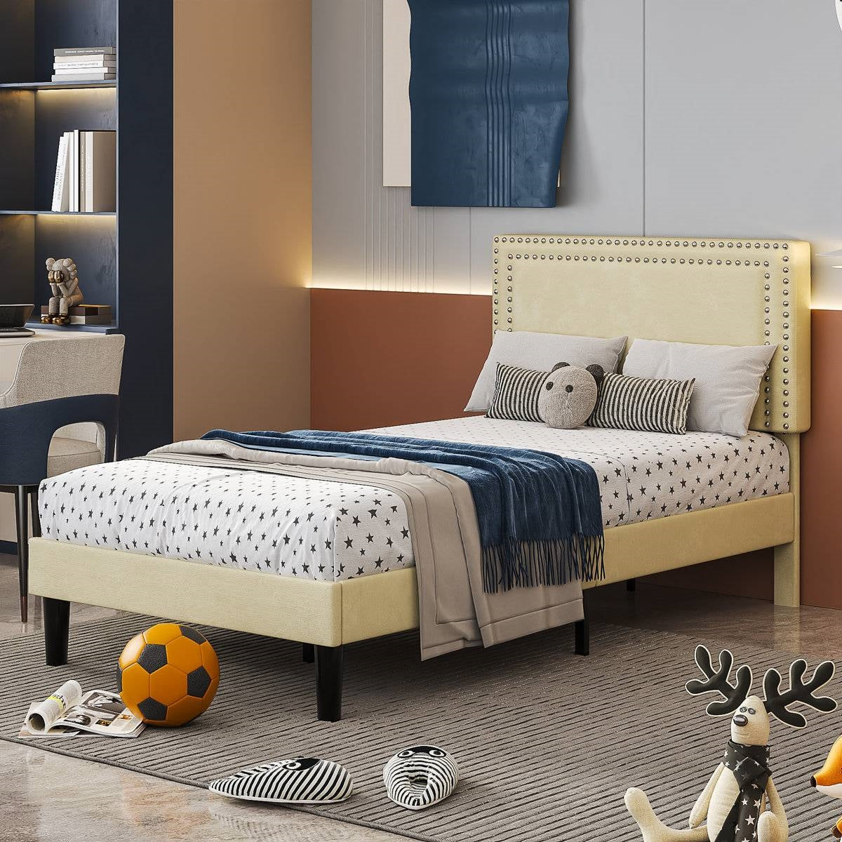 Twin Size - Set of 2 - Dorm Style Beige Tufted Upholstered Platform Beds