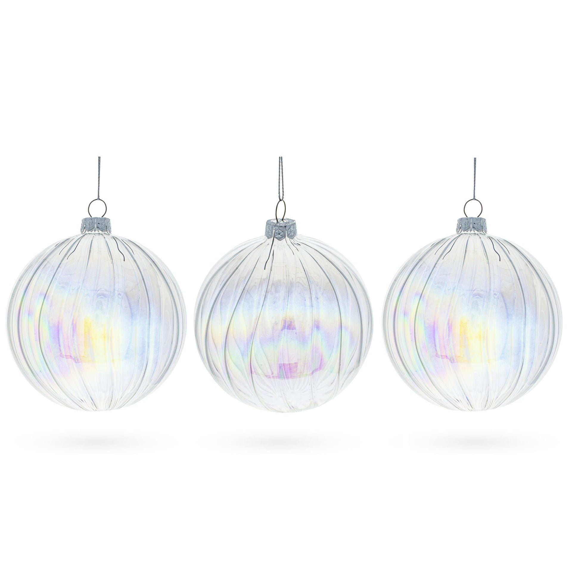 Set of 3 Iridescent Clear Glass Ball Christmas Ornaments 3.6 Inches