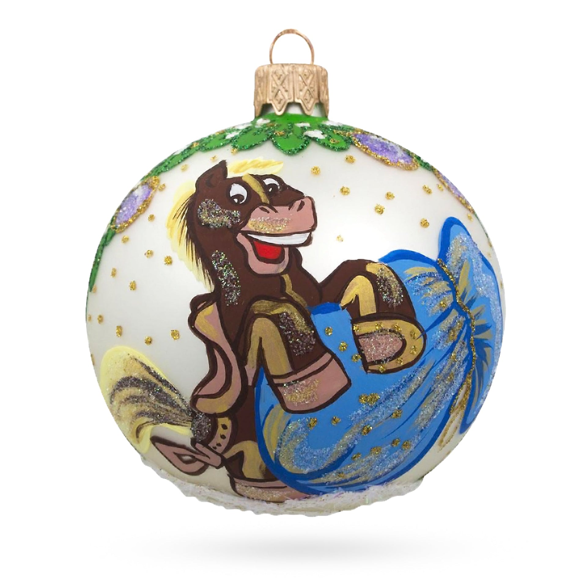 Festive Horse with Dangling Ornaments Glass Ball Christmas Ornament 3.25 Inches
