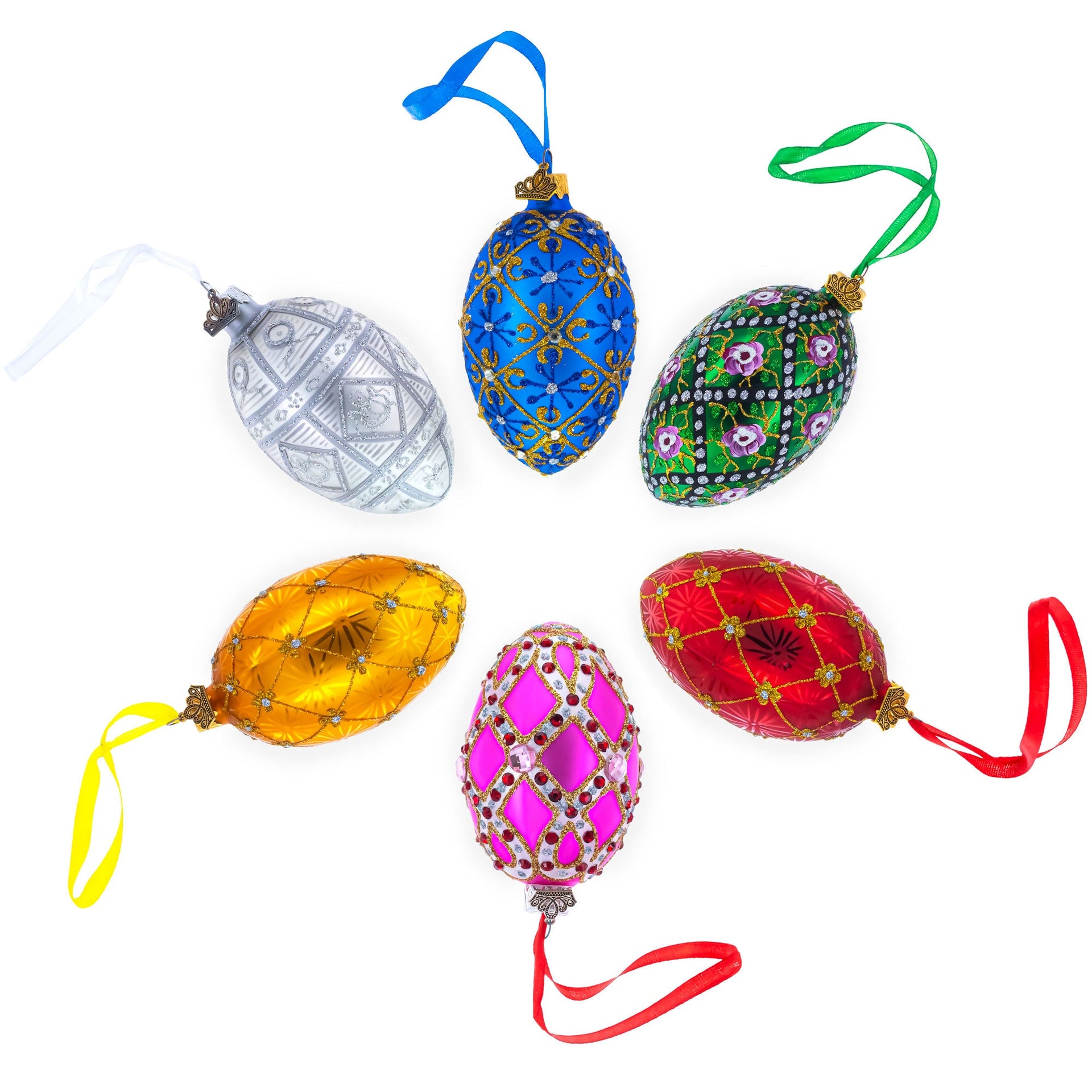 Set of 6 White Glossy Glass Egg Ornaments 4 Inches