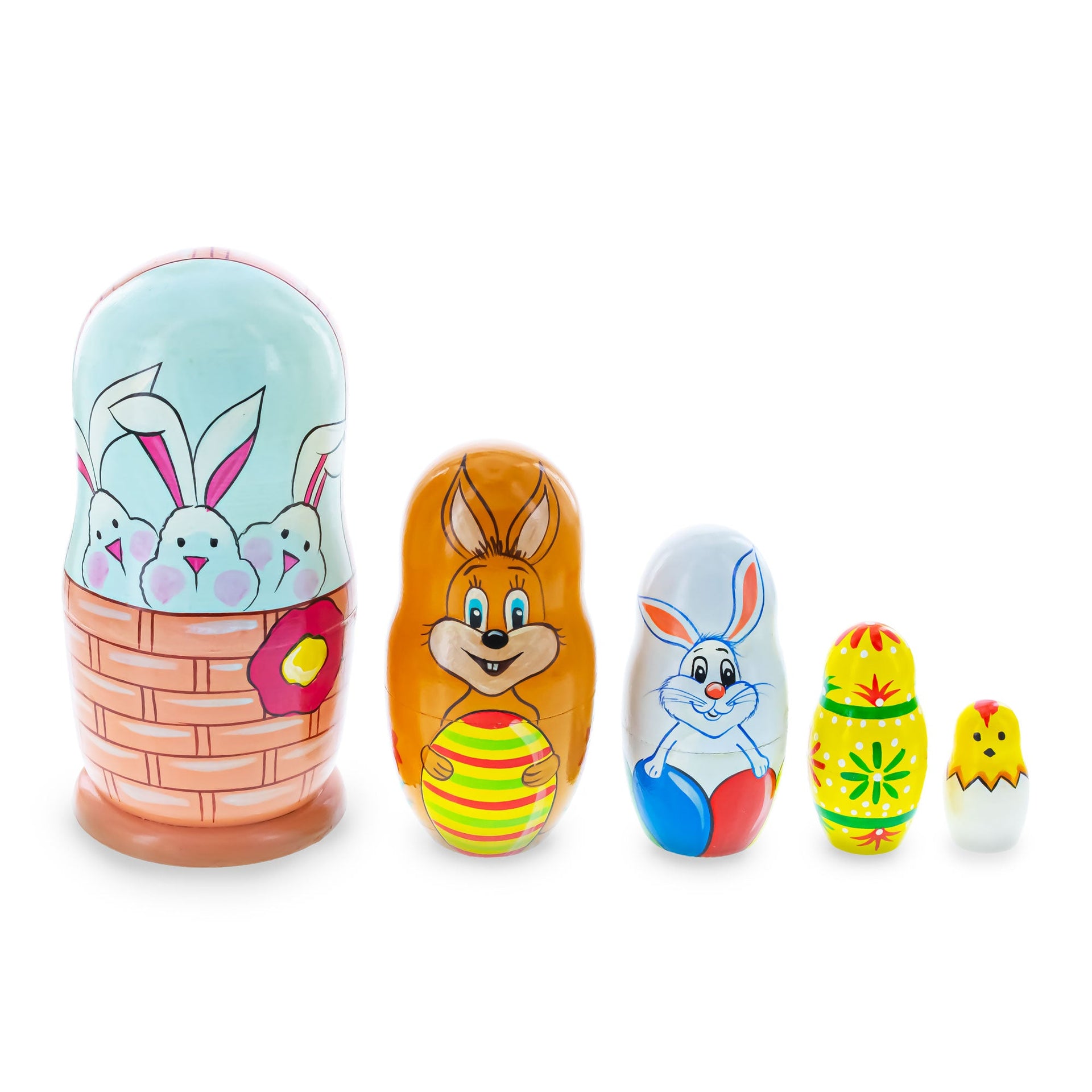 5 Bunnies, Chick with Easter Eggs Wicker Basket Wooden Nesting Dolls 6 Inches
