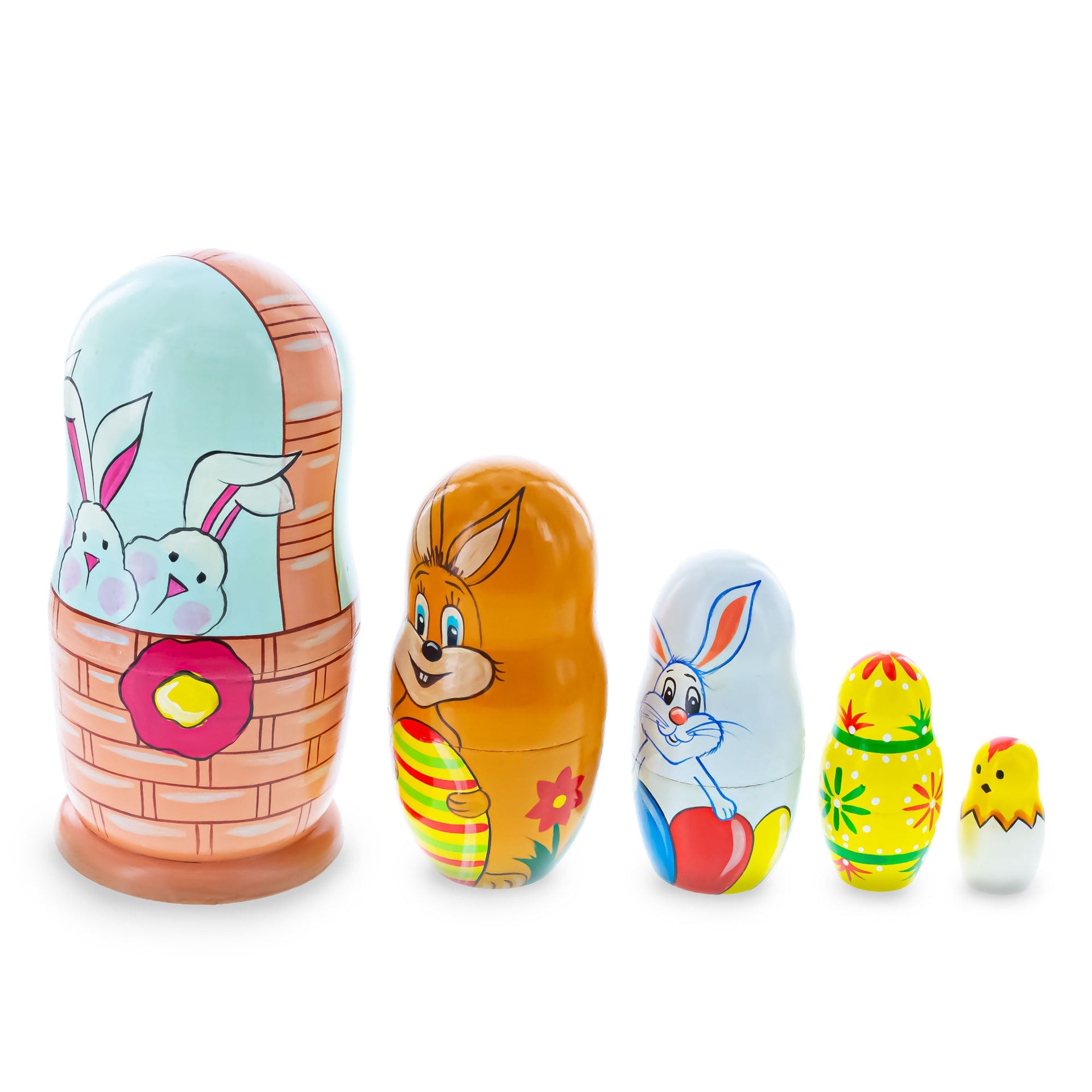 5 Bunnies, Chick with Easter Eggs Wicker Basket Wooden Nesting Dolls 6 Inches