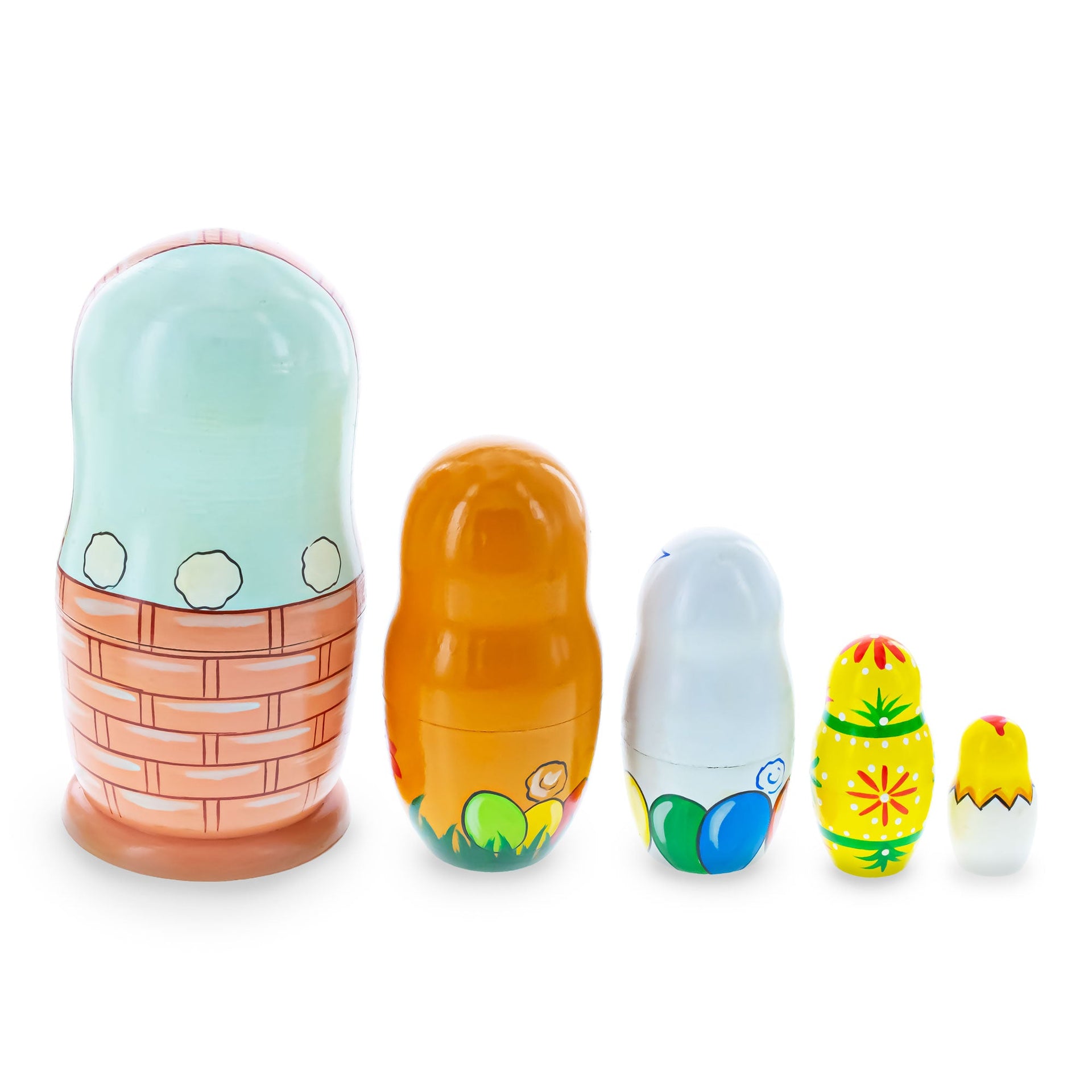 5 Bunnies, Chick with Easter Eggs Wicker Basket Wooden Nesting Dolls 6 Inches