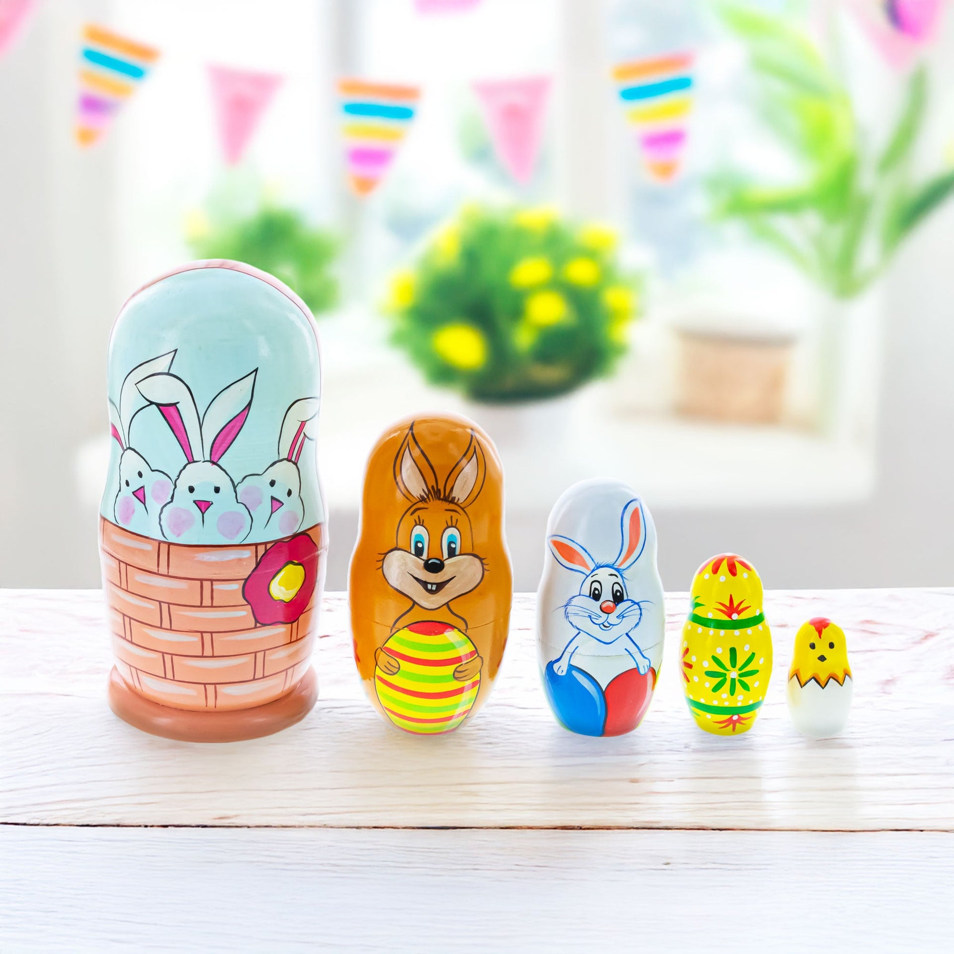 5 Bunnies, Chick with Easter Eggs Wicker Basket Wooden Nesting Dolls 6 Inches