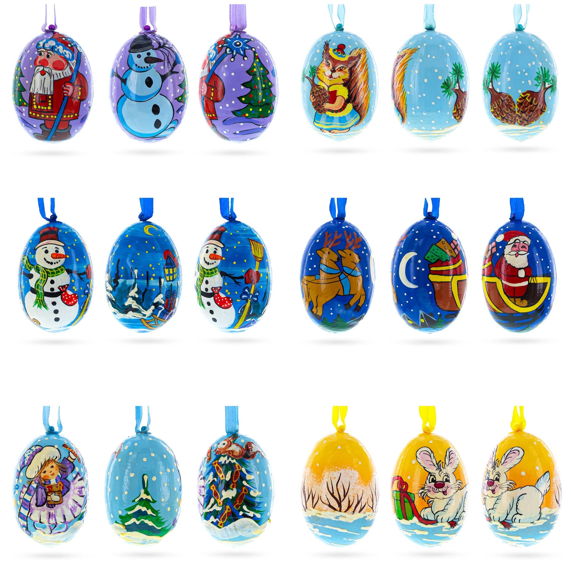 Santa, Snowman, Bunny, Squirrel and Girl Wooden Christmas Ornaments 3 Inches