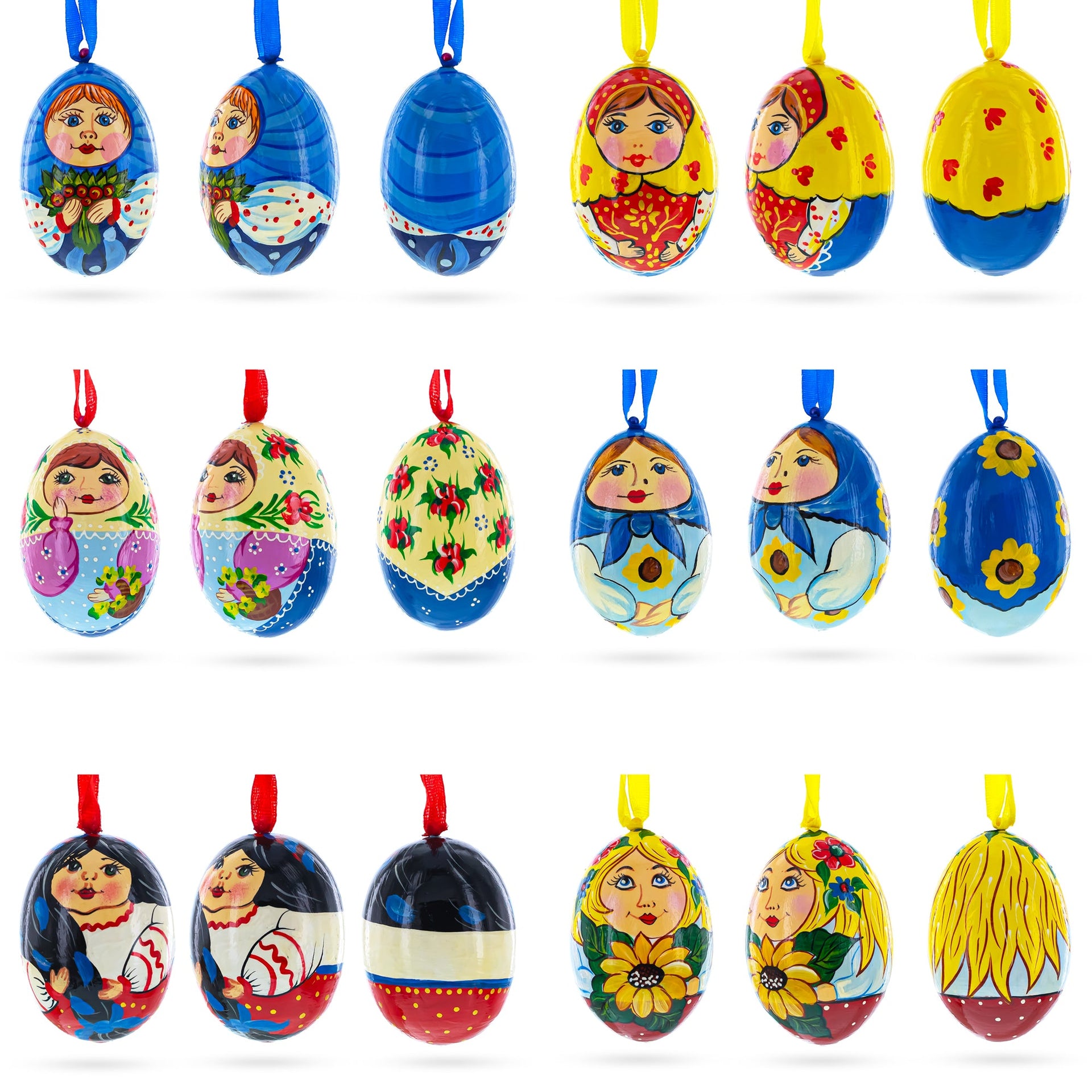 6 Ukrainian and Doll Wooden Christmas Ornaments 3 Inches