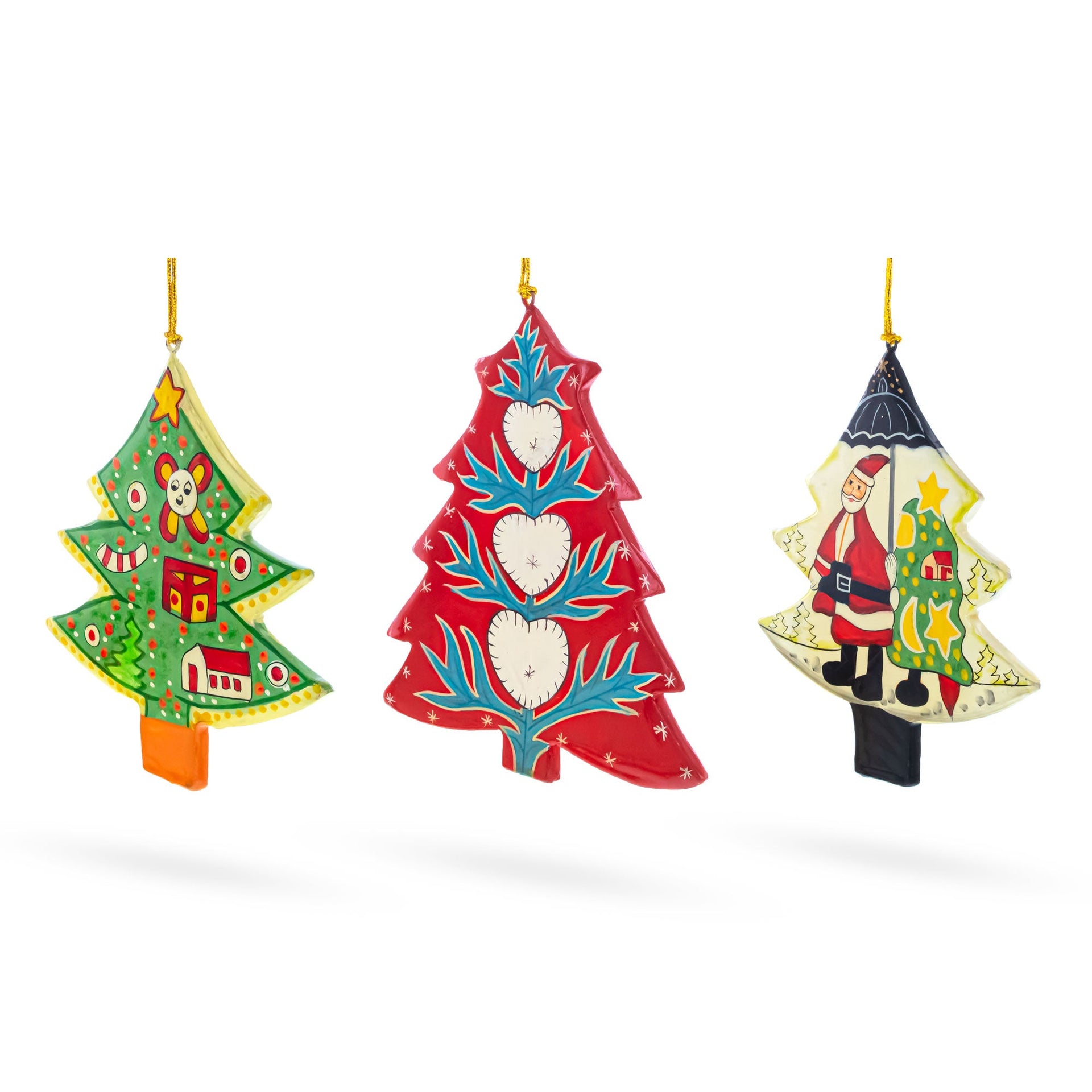 Set of 3 Colorful Holiday Trees with Santa and Hearts Wooden Christmas Ornaments