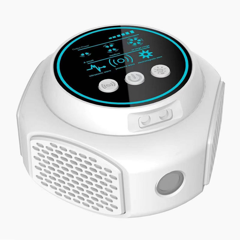 4-in-1 ultrasonic rodent repellent, 360° electronic rat repellent, repels indoor flies, cockroaches & mosquitoes.