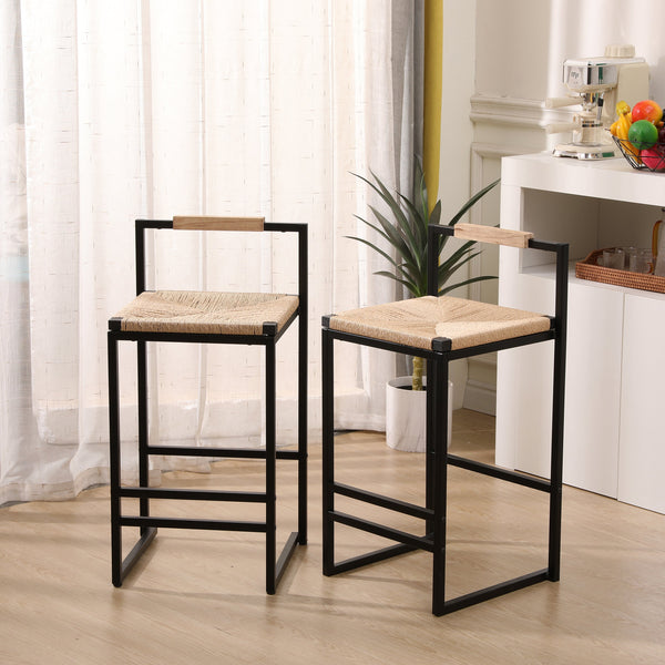 Set of 2 Bar Stools with Back Paper Rope Woven Counter Height Dining Chairs for Kitchen Home (Paper Rope with Back)