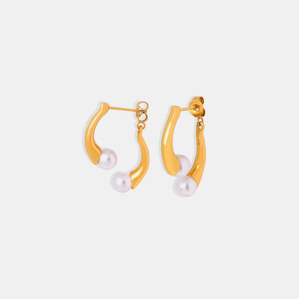 Elegant split design with high gloss pearl inlay simple titanium steel gold-plated earrings