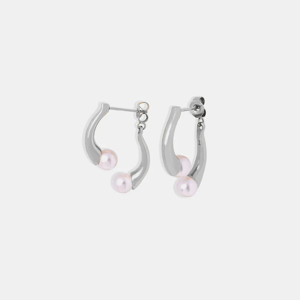 Elegant split design with high gloss pearl inlay simple titanium steel gold-plated earrings
