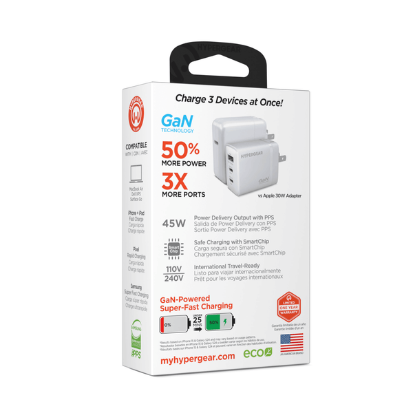 HyperGear SpeedBoost 45W USB-C PD Tri-Port GaN Fast Wall Charger with PPS