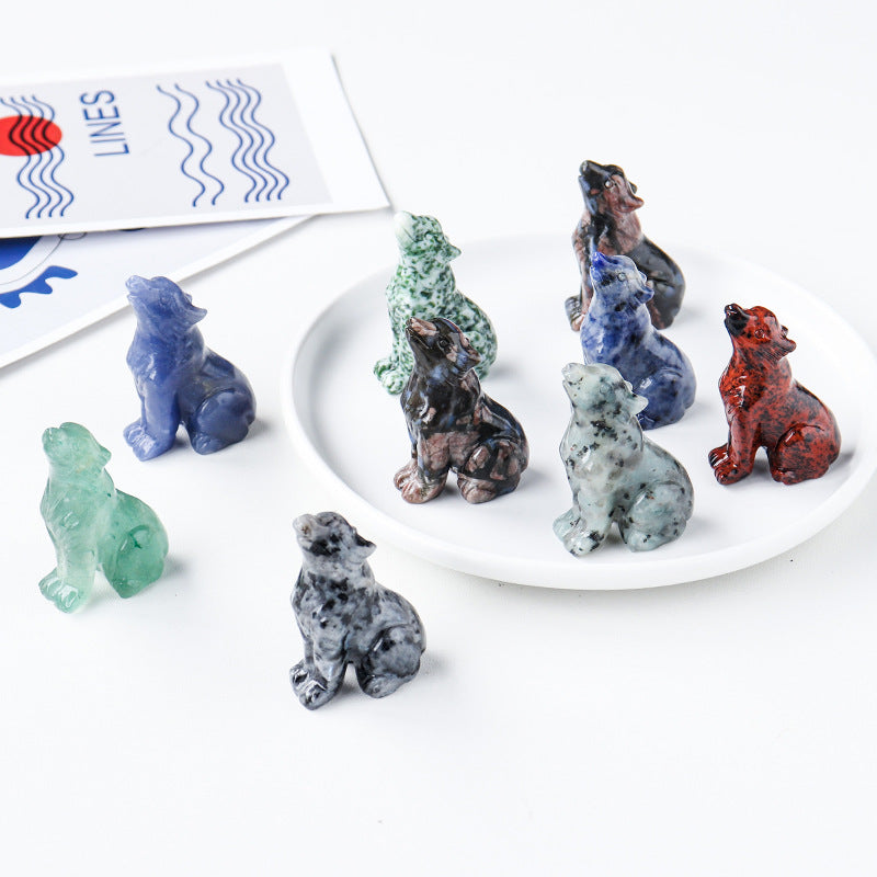 Natural crystal wolf cub carving piece, crystal animal raw stone, mineral specimen, home decoration ornament