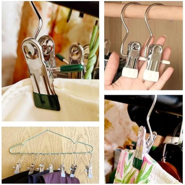 10pcs Stainless Steel Clothespins Laundry Clothes Pegs With Hook Portable Hanging Clothes Clip Wardrobe Clothes Organizer Hanger