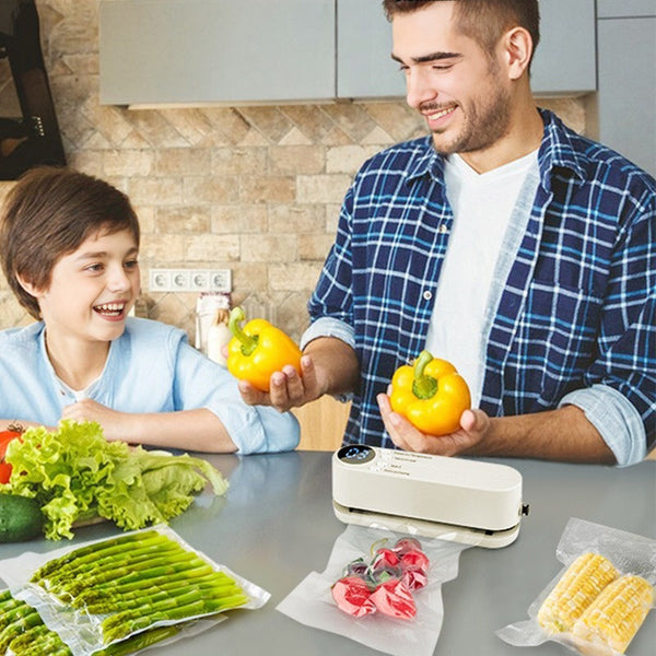 Beige cordless 3 - in - 1 food sealer. For dry/moist food, 4 bags. Seals chip bags, inflates items.