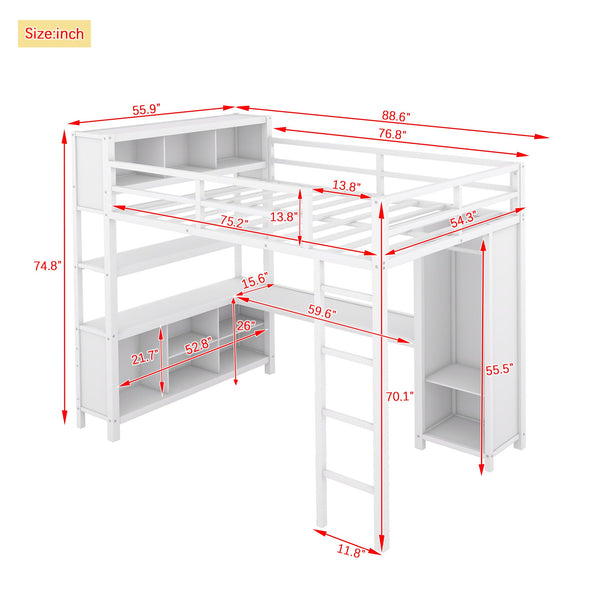 Metal loft bed with wardrobe and L-shaped desk, full-size loft bed with storage cabinet and shelf, white