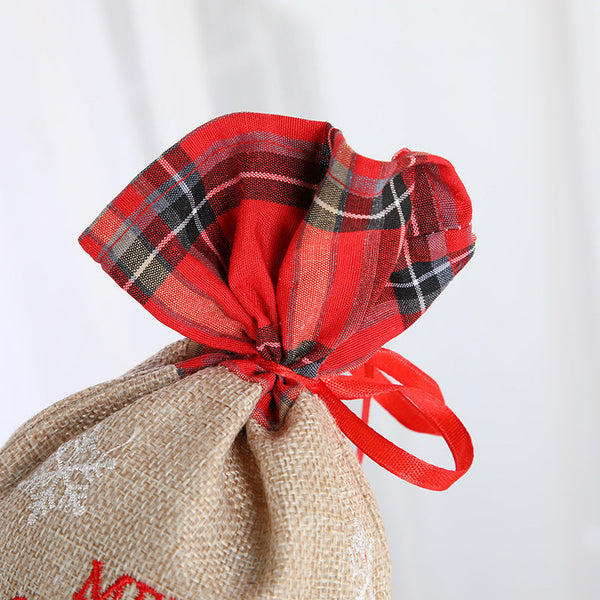 Christmas gift bag, letter printed Santa Claus home decoration, plaid linen red wine set