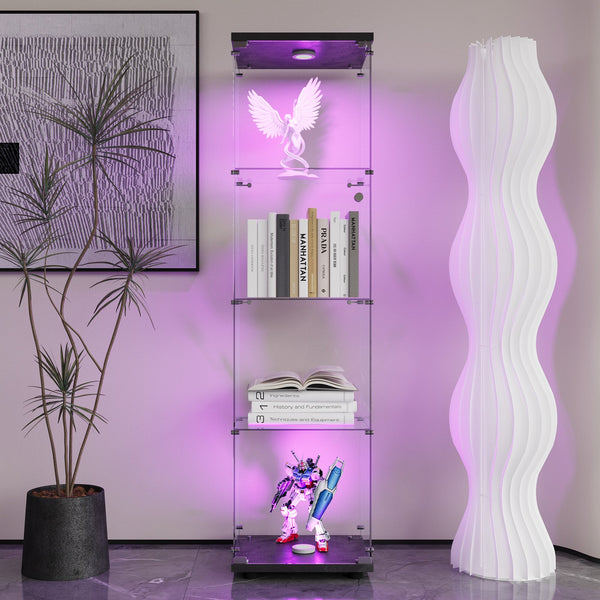 4 LED light glass display cabinets with door shelves, floor standing antique bookshelf, 64.7 
