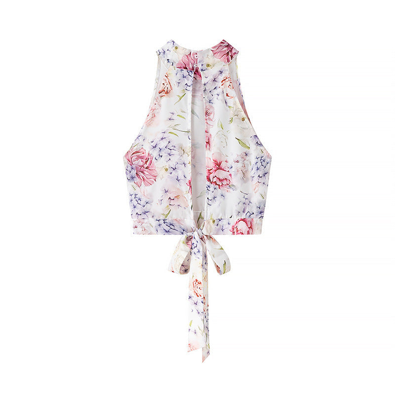 Fashionable and Sexy Halter Sleeveless Top with Floral Print Skirt